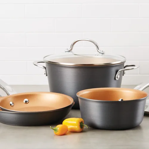 Vista 4 de Ayesha Curry Home Collection Sartén antiadherente anodizada dura con tapa, 4.5 cuartos de galón, gris carbón