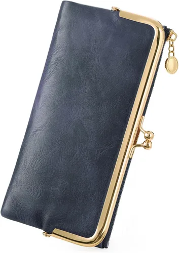 Vista 15 de GOIACII Cartera de mujer con cierre de beso, cartera larga con cremallera, con tarjetero compacto vintage para damas, A01 verde , medio, Classic