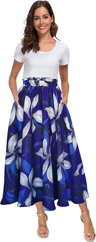 Vista 7 de Afibi Falda de gasa con estampado floral de cintura alta para mujer, estilo swing, de playa, midi, larga con bolsillos Negro