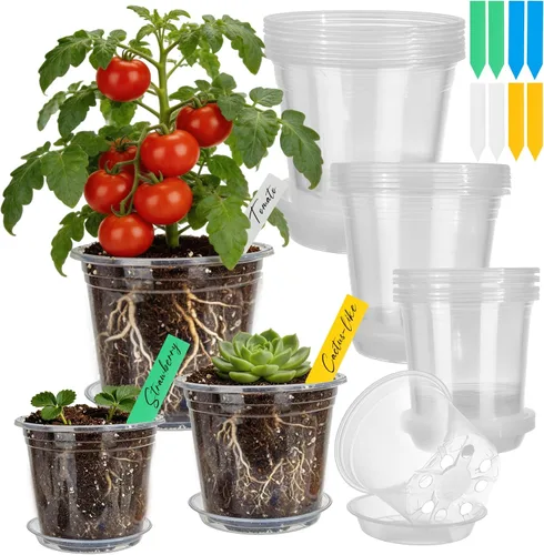 Vista 9 de Macetas transparentes para vivero con platillos, paquete de 24 macetas de plástico de 4/5/6/7 pulgadas, para suculentas de interior y exterior