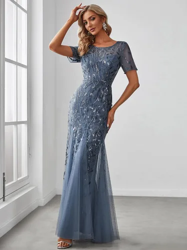 Vista 3 de Ever-Pretty - Vestido de noche elegante de sirena con bordado de lentejuelas, manga corta, escote ilusión para mujer, 07707-USA