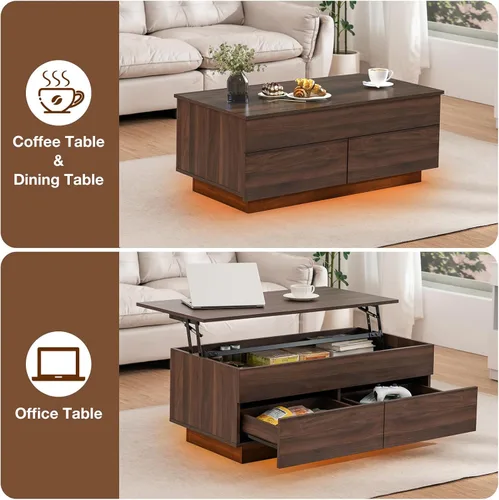 Vista 5 de HOMMPA Mesa de centro moderna con tapa elevable con almacenamiento para sala de estar, mesa de centro LED, mesa de comedor de madera con 2 cajones