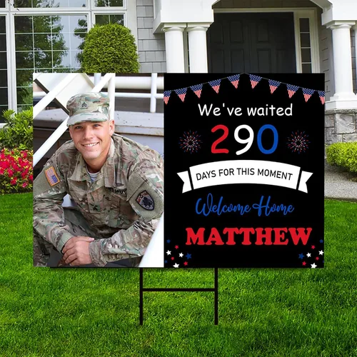 Vista 4 de Letrero militar personalizado de bienvenida a casa para patio con foto, cartel personalizado con nombre e imagen al aire libre para soldado, marino