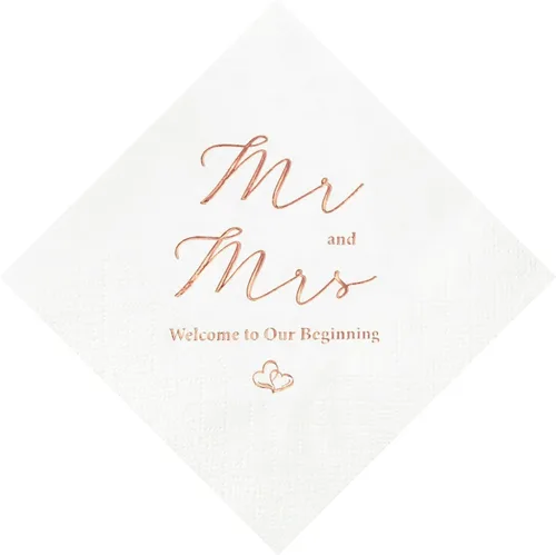 Vista 7 de Crisky Servilletas de 3 capas de papel de aluminio dorado Mr and Mrs de cóctel de boda, 100 unidades para bodas, fiestas, recepciones, postres