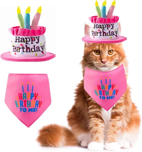 Vista 14 de Juego de sombreros y bufandas bandana para cachorros y gatos con velas coloridas azules para pequeños animes, suministros de fiesta de cumpleaños