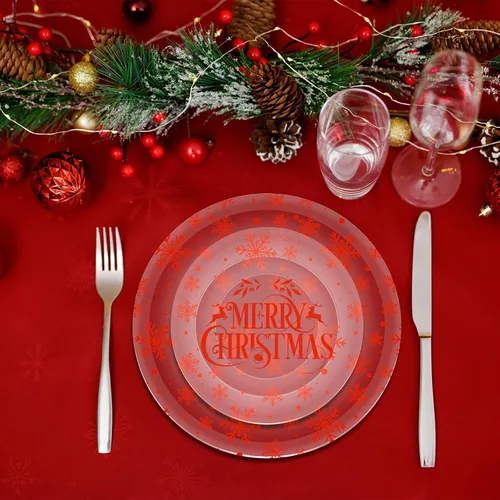 Vista 6 de 60 platos de plástico de Navidad, platos desechables de Navidad a granel, platos transparentes, platos redondos de postre para suministros de fiesta