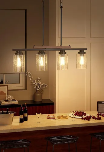 Vista 9 de Amico Lámpara de Comedor de 4 Luces para Isla de Cocina con Varillas Ajustables, Candelabro de Decoración Rústica de Metal Negro y Madera