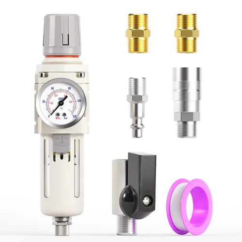 Vista 8 de TAILONZ PNEUMATIC Regulador de presión de filtro de aire de drenaje automático NPT de 1/2 pulgada Combo Piggyback, filtro compresor de herramienta