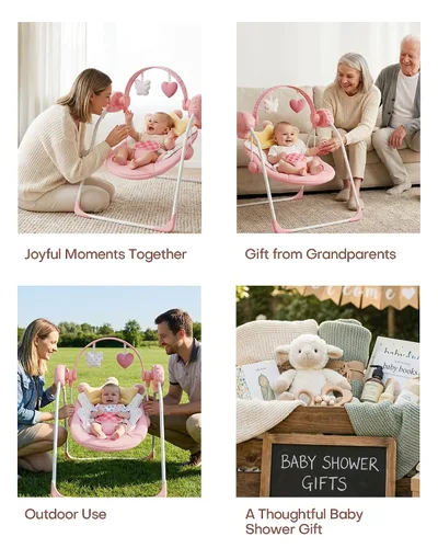 Vista 9 de Columpios de bebé para bebés, columpio para recién nacido, columpio portátil para bebés con música, velocidad adaptable, temporizador, cojín suave