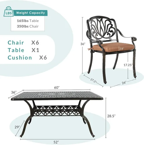 Vista 2 de MEETWARM Juego de comedor de 7 piezas para patio al aire libre, 6 sillas acolchadas de comedor al aire libre y 1 mesa rectangular con agujero