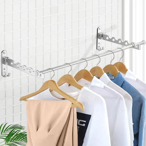 Vista 9 de Tendedero de secado de ropa montado en la pared para organización y almacenamiento de ropa de lavandería, estante de aluminio para secadora con dos