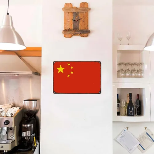 Vista 4 de Letrero retro de China, bandera patriótica de país, decoración de pared de metal, bandera de China, letreros de metal para el hogar, dormitorio