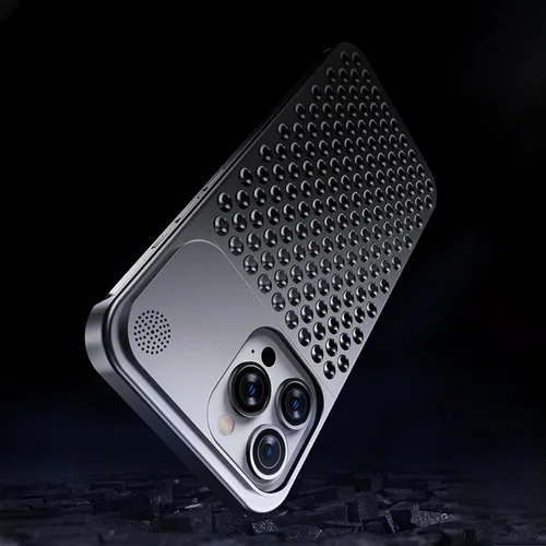 Vista 6 de Funda para teléfono compatible con iPhone 15 Pro Max de aleación de aluminio disipación de calor, transpirable, refrescante, hueca, sin bordes, Gris