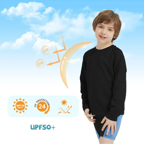 Vista 2 de QBK Camiseta de natación de manga larga para niños, protección solar UV, protección contra erupciones, UPF50+, traje de baño de surf para niños