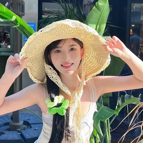 Vista 2 de Women's Wide Brim Lace Straw Hat with UPF50 Sun Protection for Beach Beige