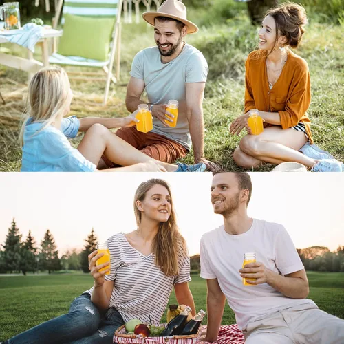 Vista 4 de Gerrii 75 botellas de plástico para jugo de 4 onzas con tapa, pequeñas botellas transparentes reutilizables con tapas, recipientes a granel, aptas