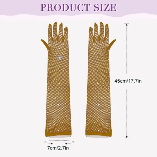 Vista 5 de Guantes largos de malla con diamantes de imitación, guantes de red brillantes de moda, ópera, rave, fiesta, disfraces, guantes para mujeres y niñas