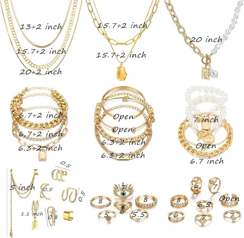Vista 7 de IFKM 36 PCS Gold Plated Jewelry Set with 4 PCS Necklace, 11 PCS Bracelet, 7 PCS Ear Cuffs Earring, 14 Pcs Knuckle Rings for Women Girls Valentine