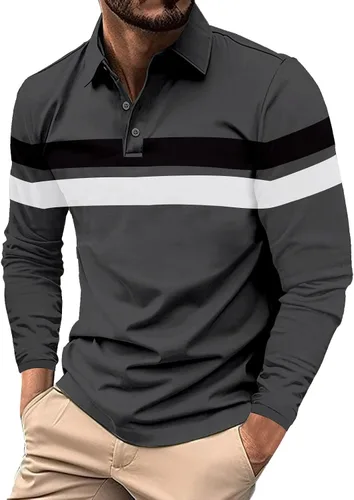 Vista 26 de Camisa polo para hombre, manga larga, cuello abotonado, bloque de color, moda para trabajo y golf