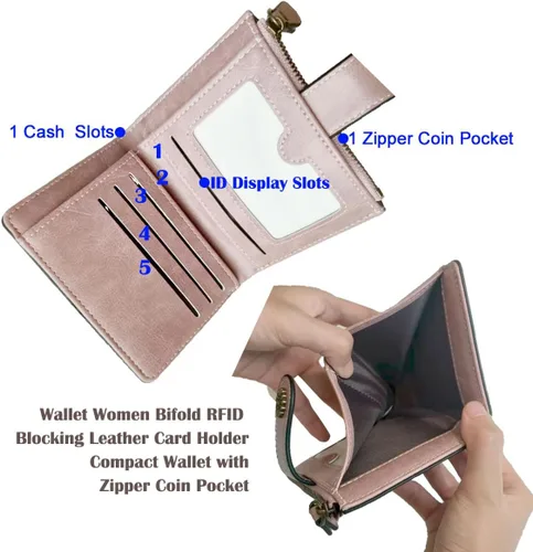 Vista 4 de Billetera para mujer, plegable, con bloqueo RFID, de cuero, tarjetero compacto con bolsillo para monedas con cremallera, Rosa, Cartera de cuero