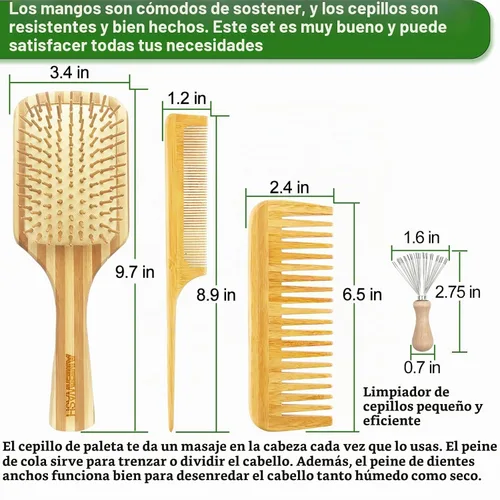 Vista 2 de Juego de peine de bambú para mujer, cepillo desenredante de paleta de madera para cabello grueso, fino, rizado, lacio, ondulado, fino, diente ancho