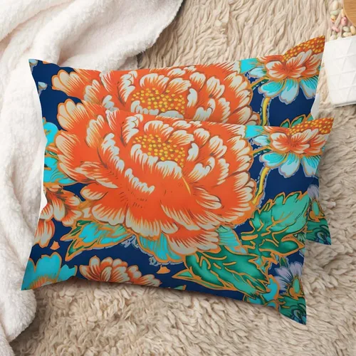 Vista 52 de Juego de 2 almohadas coloridas de estilo chinoiserie, color rosa intenso, azul real, peonía, floral, blanco, lino, estilo chinoiserie, para sofá