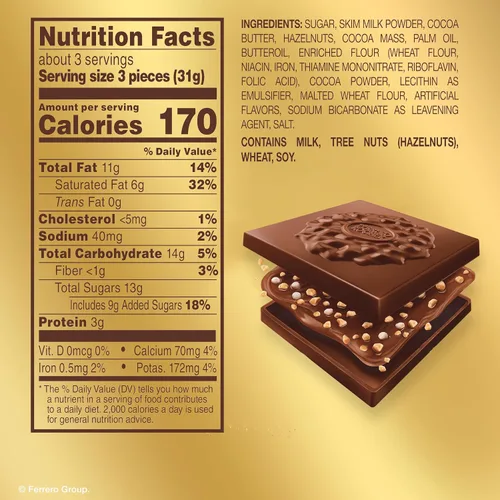 Vista 2 de Ferrero Rocher - Cuadrados de chocolate con leche y avellanas, 22.2 onzas