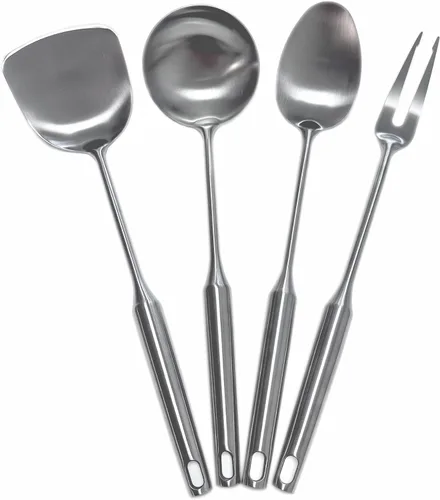 Vista 8 de Juego de utensilios de cocina de acero inoxidable 304 de 4 piezas con asas extralargas, espátula, cucharón, cuchara ranurada, espátula ranurada