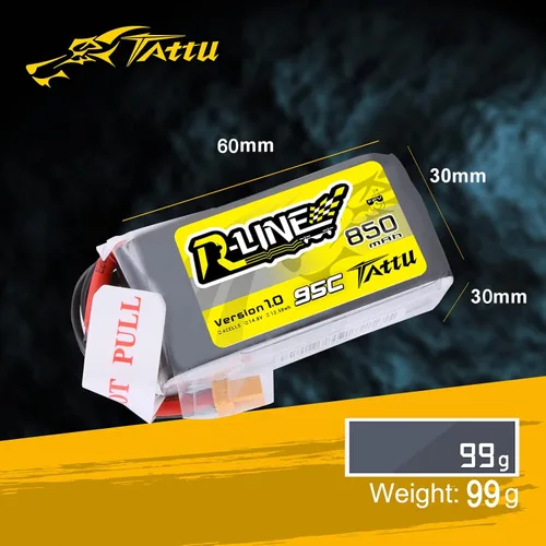 Vista 2 de TATTU R-Line 850mAh 14.8V 95C 4S LiPo Batería con XT60 Plug para Multirotor FPV de Tamaño 100 a 180