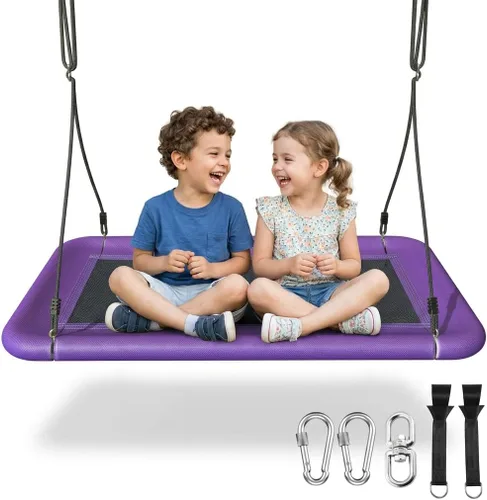 Vista 10 de Everyfun Columpio de árbol para niños y adultos, columpio de plataforma rectangular impermeable de 60 pulgadas, 700 libras resistente con correas