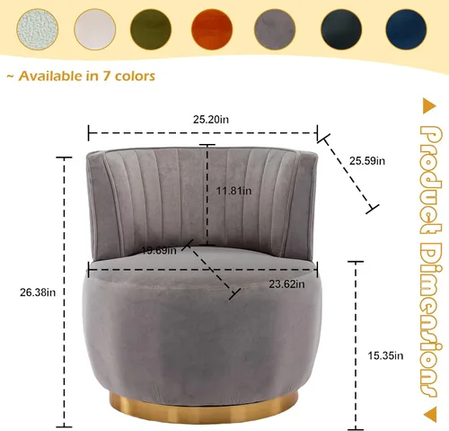 Vista 2 de Silla giratoria de terciopelo, sillón giratorio tapizado de 360 grados, moderno y cómodo sillón redondo para sala de estar pequeña, dormitorio Gris