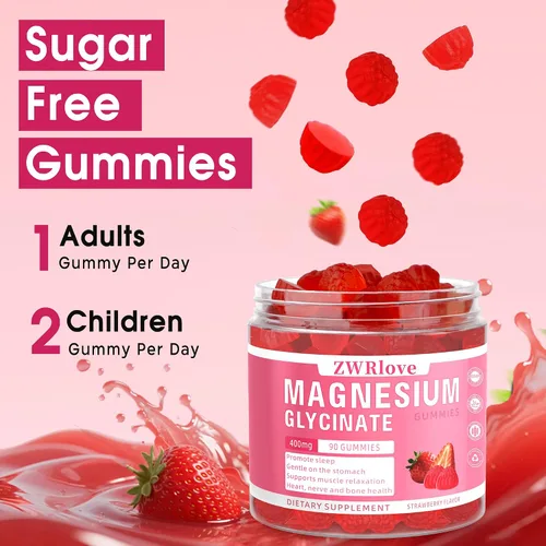 Vista 4 de Gomitas de glicinato de magnesio 400 mg con Ashwagandha, malato de magnesio y L-teanina para mujeres, hombres y niños adultos, suplementos complejos