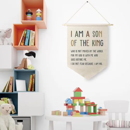 Vista 2 de Qpenm Cartel de lona colgante de pared con texto en inglés "I Am a Son of the King", estampado de banderines colgantes con cita de aliento
