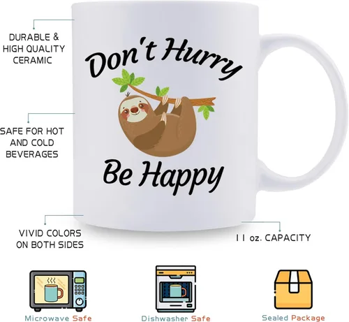 Vista 5 de aiyaya Taza de café con texto en inglés "Don't Hurry Be Happy Sloth - Bonita taza de café de perezoso de 11 onzas – Regalos de cumpleaños de Navidad