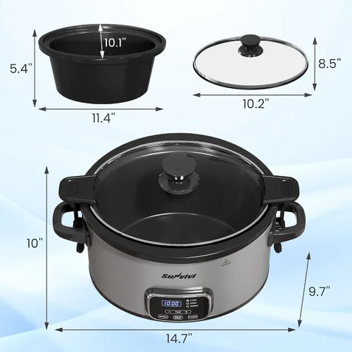 Vista 5 de Olla de cocción lenta de 4 cuartos, olla programable con olla de cerámica extraíble, tapa de bloqueo, 3 ajustes de calentamiento y control de Gris