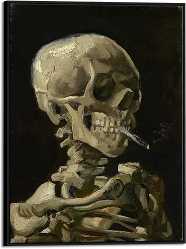 Vista 12 de Wieco Art Arte enmarcado Calavera de un esqueleto con cigarrillo ardiente, 1886 por Vincent Van Gogh lienzo arte de pared para decoración del hogar