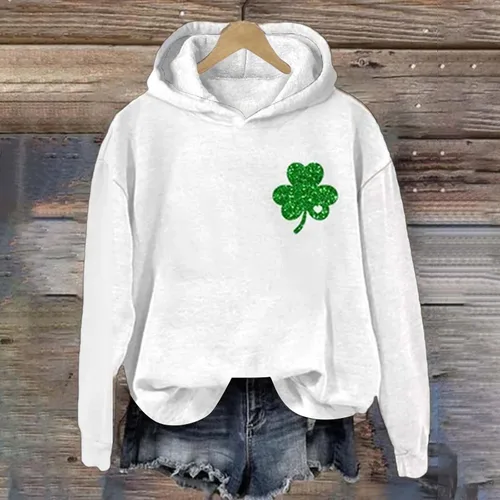 Vista 3 de Sudadera con capucha para el Día de San Patricio para mujer, diseño de trébol irlandés con bandera americana, talla grande, camisas de manga larga