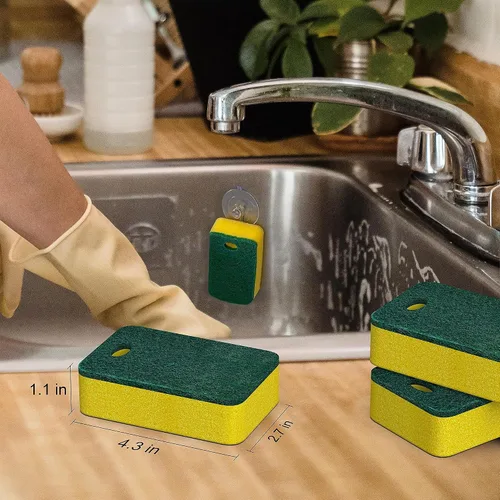 Vista 2 de Paquete de 12 esponjas de cocina resistentes de doble cara, amarillo/verde Limpieza de platos antiarañazos, sin olor, multiusos para ollas
