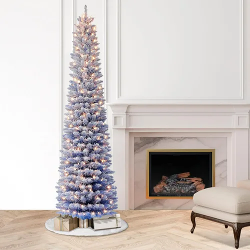 Vista 5 de Árbol de lápiz azul flocado preiluminado de 7.5 pies, 708 puntas, 300 luces incandescentes transparentes UL