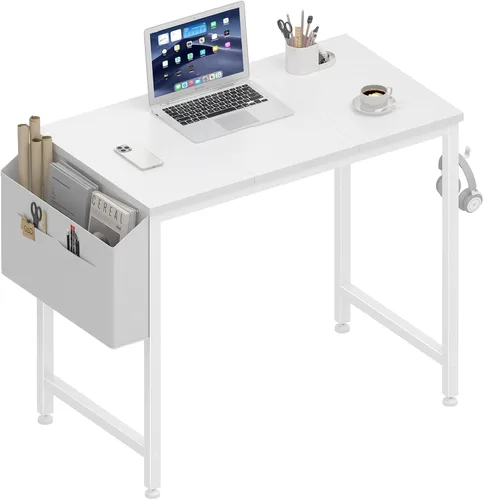 Vista 10 de Lufeiya Escritorio de computadora blanco para espacios pequeños, oficina en casa, 39 pulgadas, moderno escritorio de estudio para PC con gancho