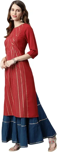 Vista 4 de Janasya Maroon Poly Crepe Kurta para mujer