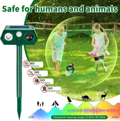 Vista 5 de Repelente solar ultrasónico de animales, paquete de 2 dispositivos ultrasónicos repelentes de ciervos con sensor de movimiento PIR y luces LED