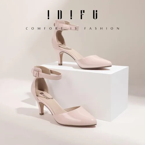 Vista 2 de IDIFU IN3 D'Orsay Zapatos de tacón bajo para mujer, zapatos de vestir puntiagudos con puntera cerrada, correa de tobillo para novia, elegante