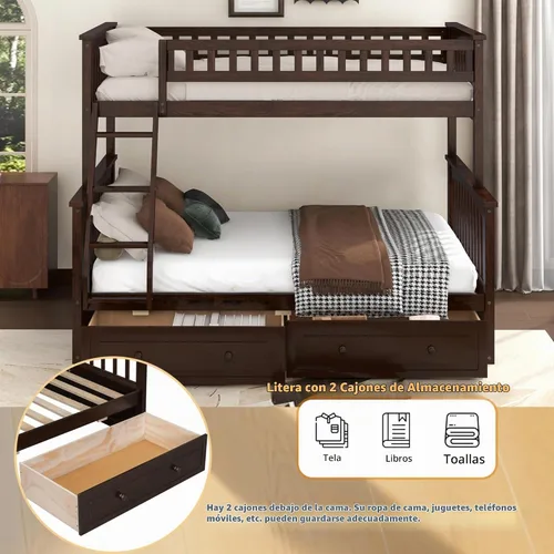 Vista 5 de Harper & Bright Designs Litera convertible de madera individual sobre cama matrimonial con 2 cajones de almacenamiento y escalera, se puede dividir