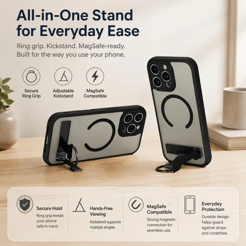 Vista 5 de Funda para iPhone 16 Pro Max, compatible con Magsafe, color negro Funda magnética mate translúcida, agarre de anillo de dedo, soporte ajustable