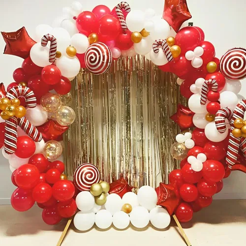 Vista 4 de Kit de arco de guirnalda de globos de Navidad, 148 unidades, globos rojos y blancos rubí, bastón de caramelo, piruleta, explosión, estrella, globos