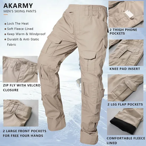 Vista 4 de AKARMY Pantalones de senderismo con forro polar para hombre pantalones tácticos tipo cargo pantalones de esquí de nieve pantalones gruesos