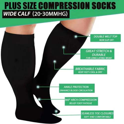 Vista 2 de 3 pares de calcetines de compresión talla extra grande para mujeres y hombres, pantorrilla ancha, 20-30 mmHg, soporte hasta la rodilla