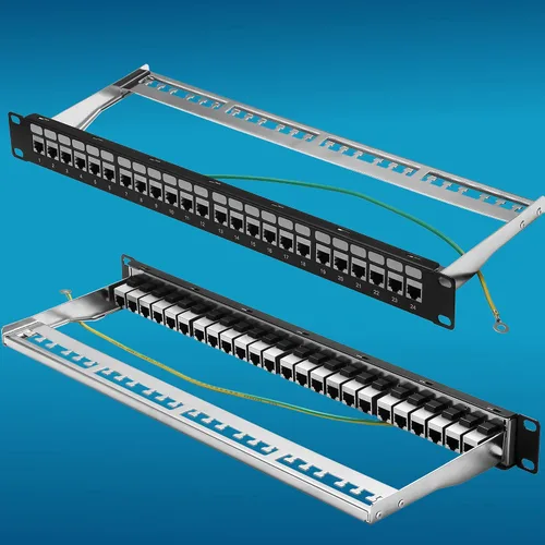 Vista 5 de Rapink Panel de conexión de 24 puertos Cat6A con soporte Keystone 10G en línea, panel de conexión acoplador blindado STP de 19 pulgadas con barra