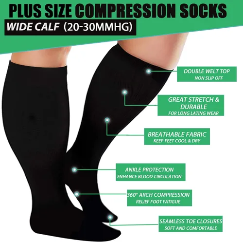 Vista 3 de 3 pares de calcetines de compresión de talla grande para mujeres y hombres, pantorrilla ancha de 20-33 mmhg, soporte extra grande hasta la rodilla
